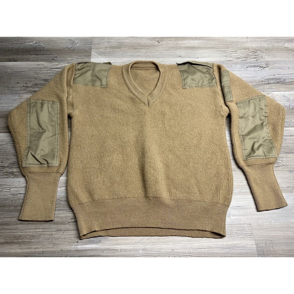 Vintage British Army Commando Sweater‎ Wool V-Neck Elbow Patch Men's Large